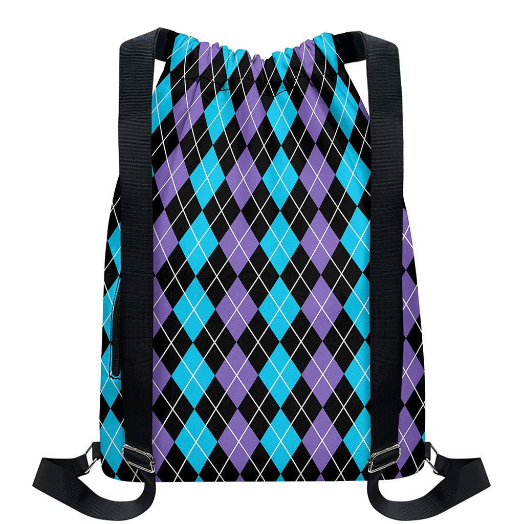 Black Purple And Blue Argyle Print Drawstring Backpack