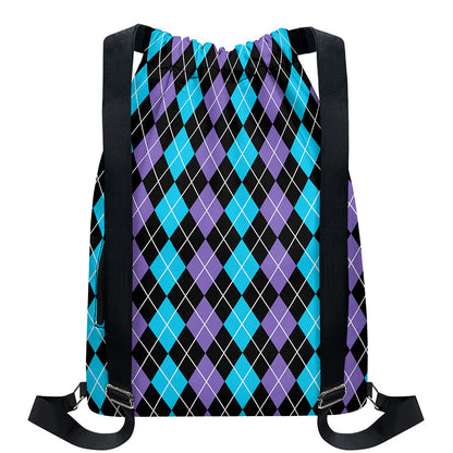 Black Purple And Blue Argyle Print Drawstring Backpack