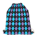 Black Purple And Blue Argyle Print Drawstring Bag