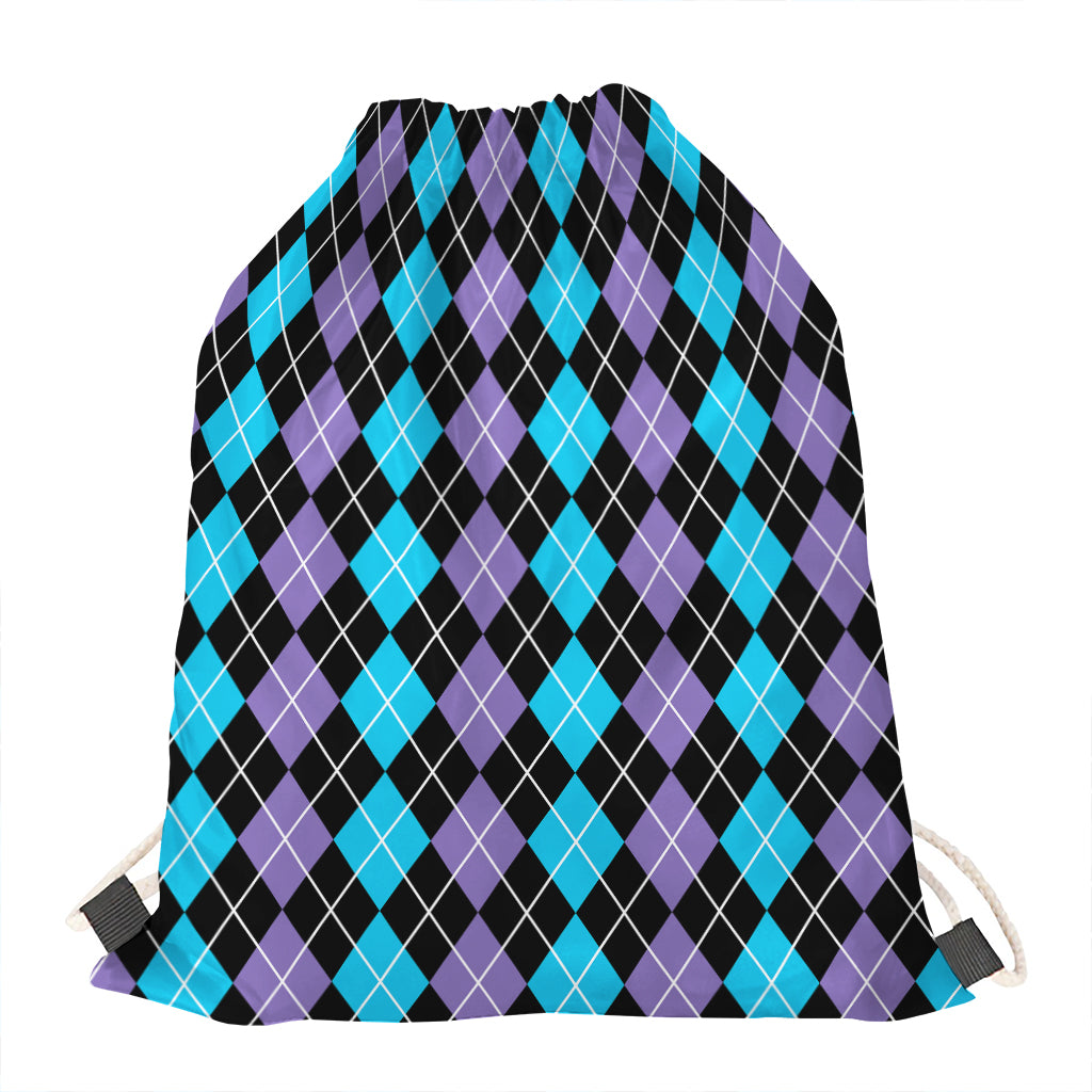 Black Purple And Blue Argyle Print Drawstring Bag