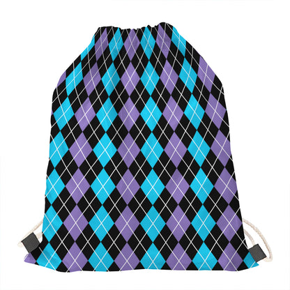 Black Purple And Blue Argyle Print Drawstring Bag