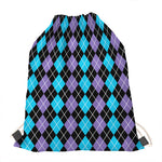 Black Purple And Blue Argyle Print Drawstring Bag