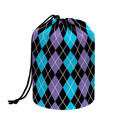 Black Purple And Blue Argyle Print Drawstring Makeup Bag
