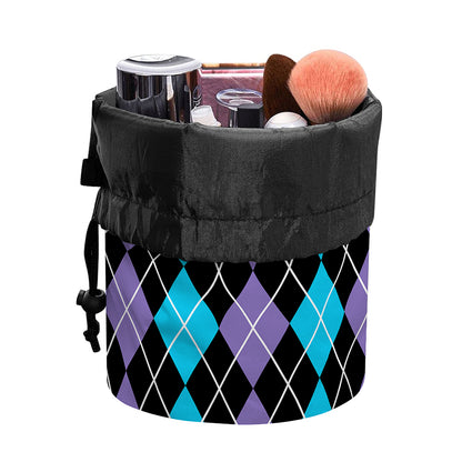Black Purple And Blue Argyle Print Drawstring Makeup Bag