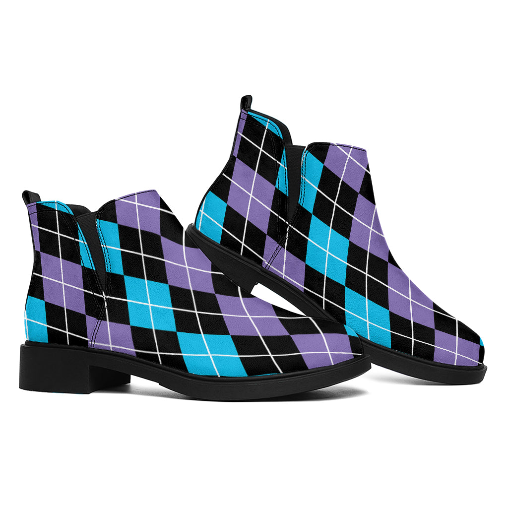 Black Purple And Blue Argyle Print Flat Ankle Boots