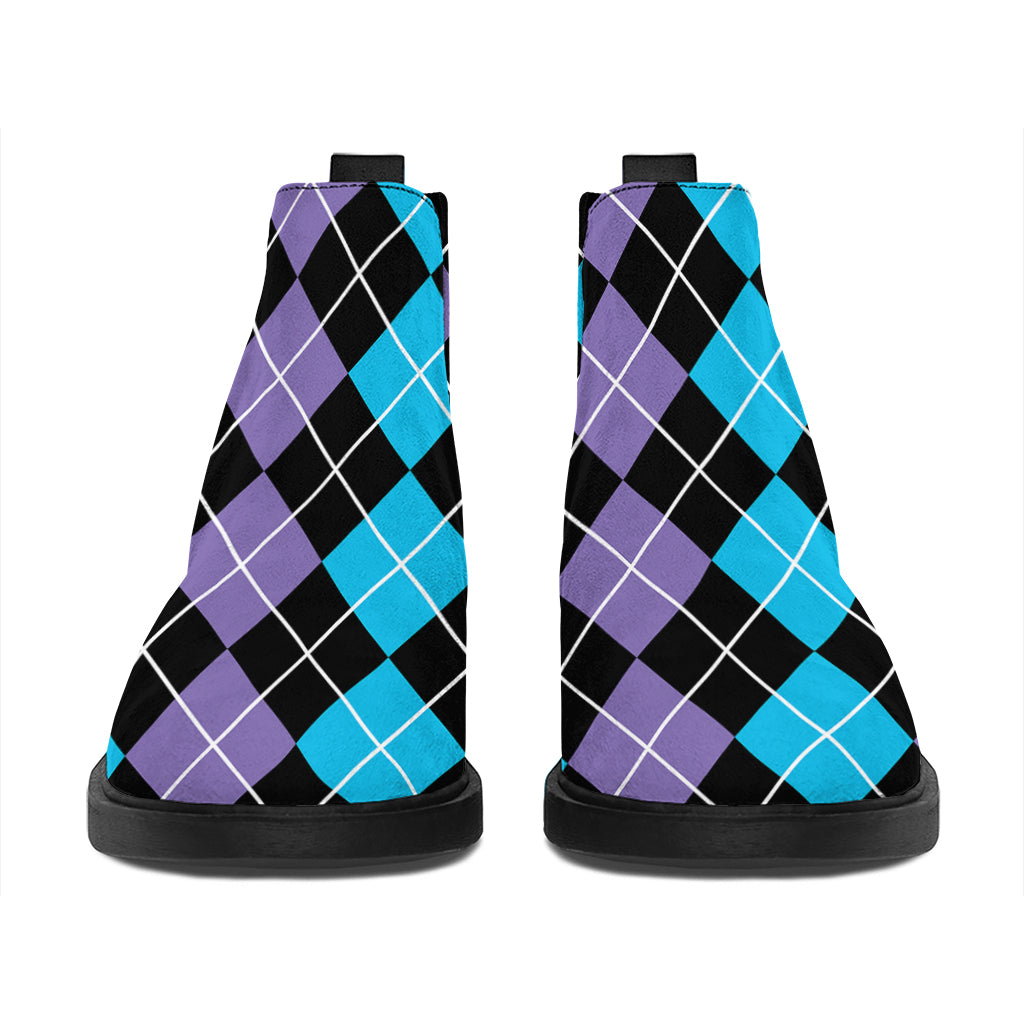 Black Purple And Blue Argyle Print Flat Ankle Boots