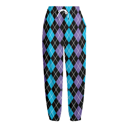 Black Purple And Blue Argyle Print Fleece Lined Knit Pants