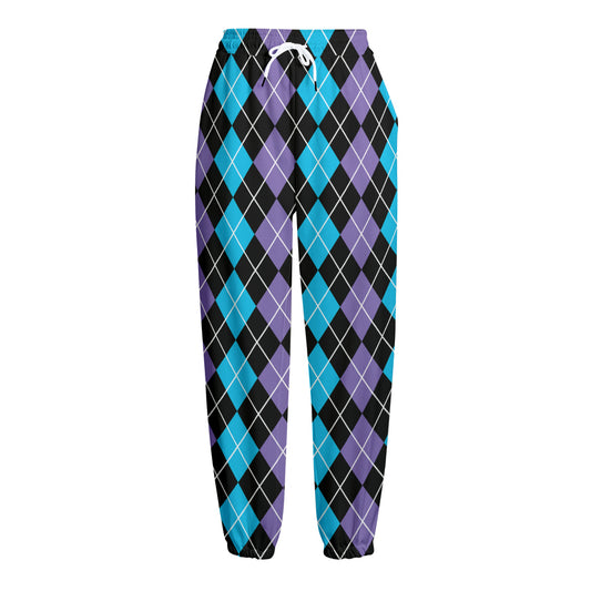 Black Purple And Blue Argyle Print Fleece Lined Knit Pants