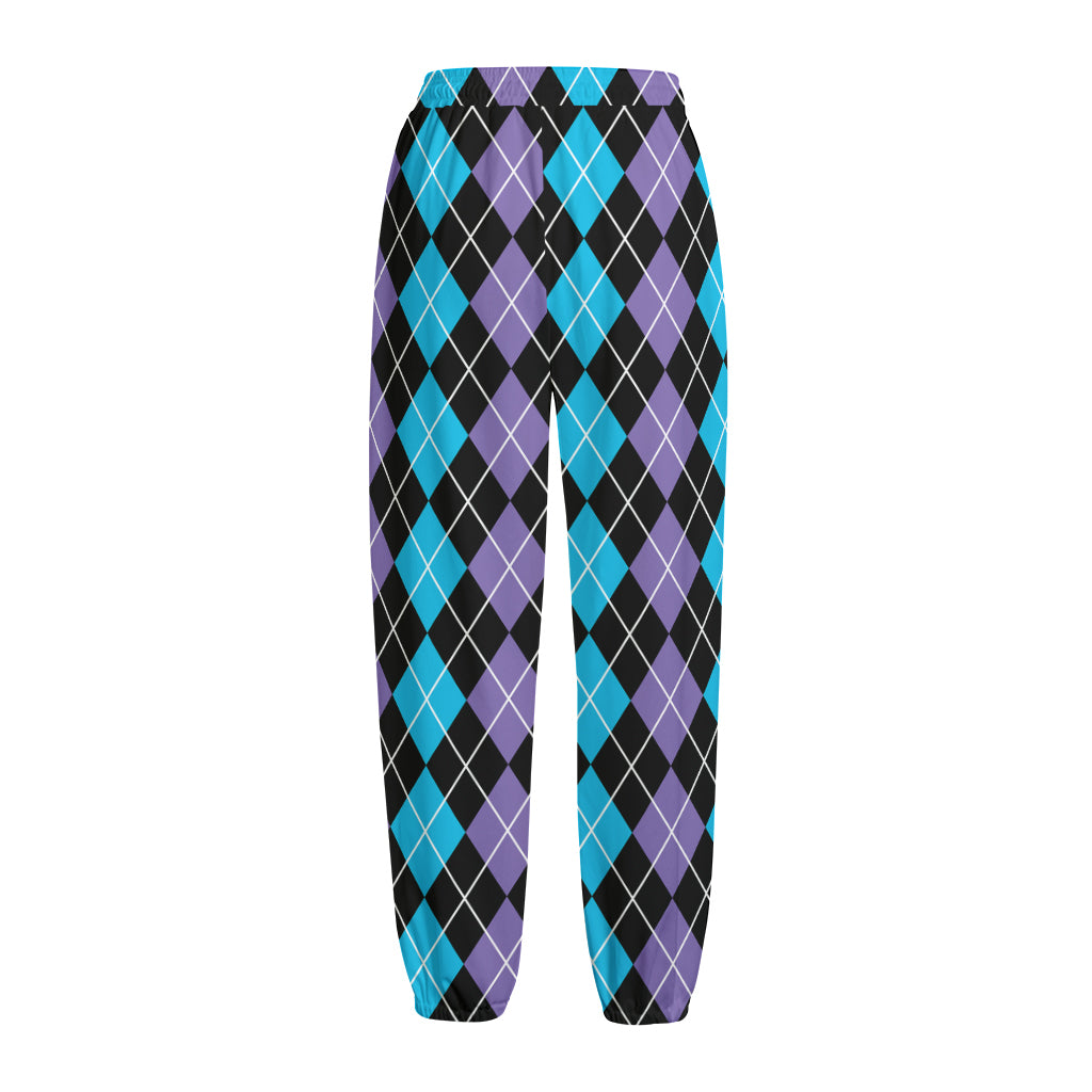 Black Purple And Blue Argyle Print Fleece Lined Knit Pants