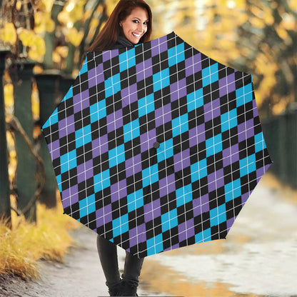 Black Purple And Blue Argyle Print Foldable Umbrella