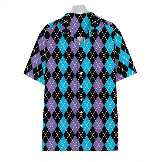 Black Purple And Blue Argyle Print Hawaiian Shirt