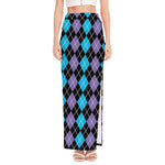 Black Purple And Blue Argyle Print High Slit Maxi Skirt