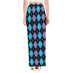 Black Purple And Blue Argyle Print High Slit Maxi Skirt