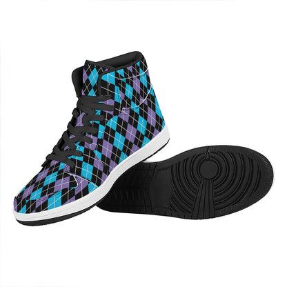 Black Purple And Blue Argyle Print High Top Leather Sneakers
