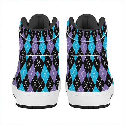 Black Purple And Blue Argyle Print High Top Leather Sneakers