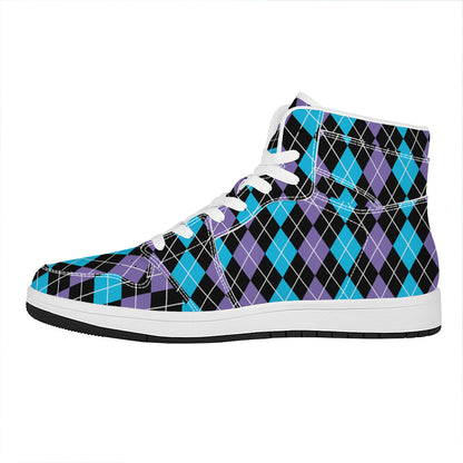 Black Purple And Blue Argyle Print High Top Leather Sneakers