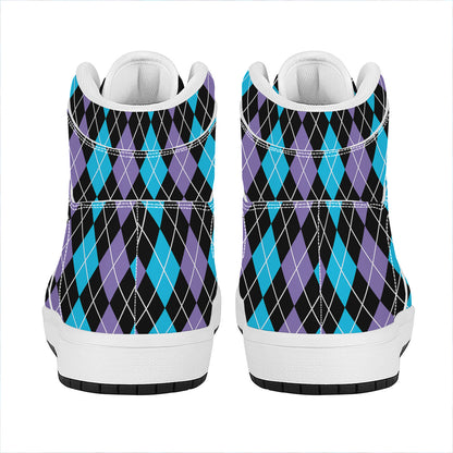 Black Purple And Blue Argyle Print High Top Leather Sneakers