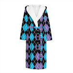 Black Purple And Blue Argyle Print Hooded Bathrobe