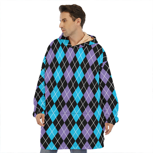 Black Purple And Blue Argyle Print Hoodie Blanket