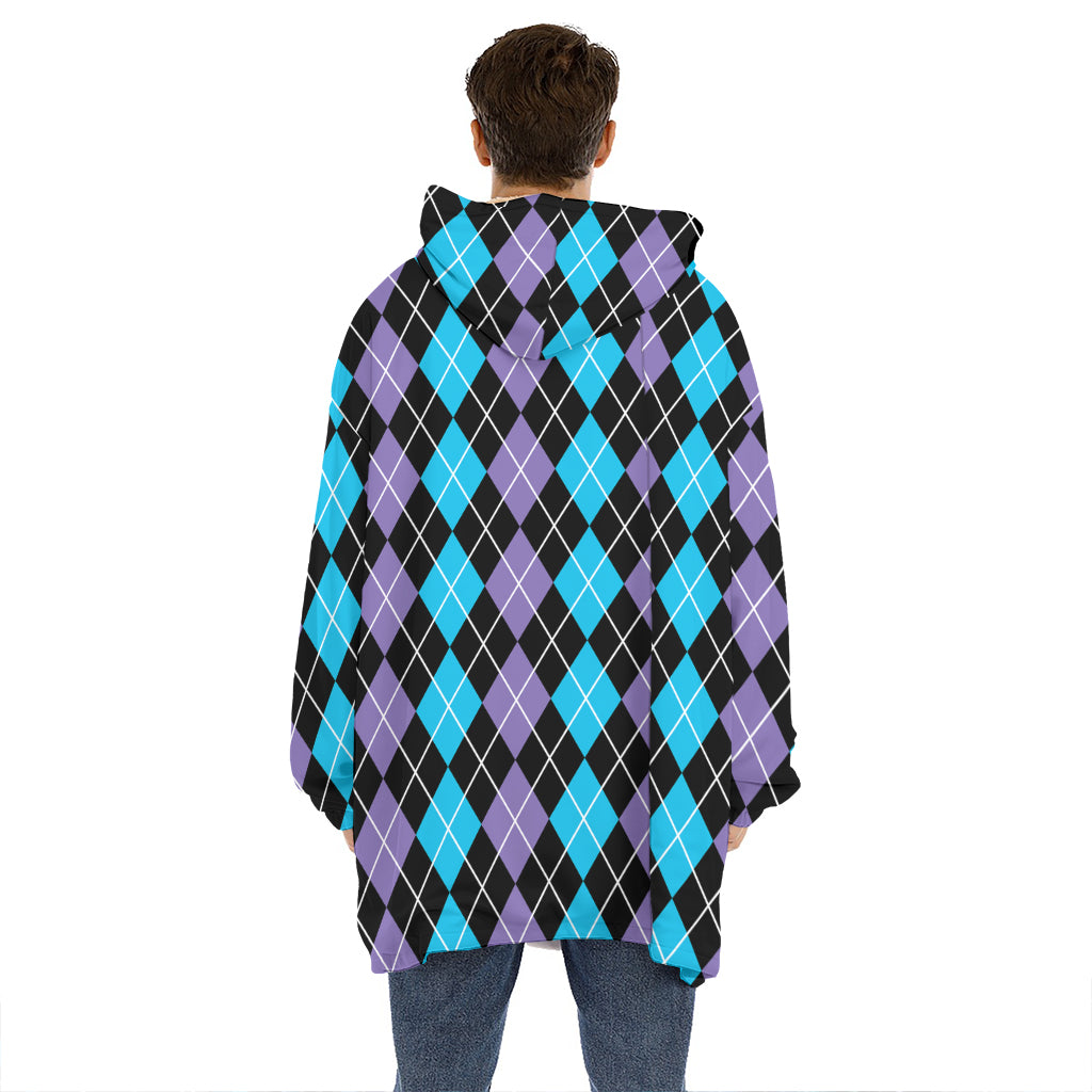 Black Purple And Blue Argyle Print Hoodie Blanket