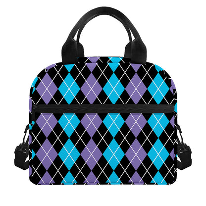 Black Purple And Blue Argyle Print Insulated Lunch Bag