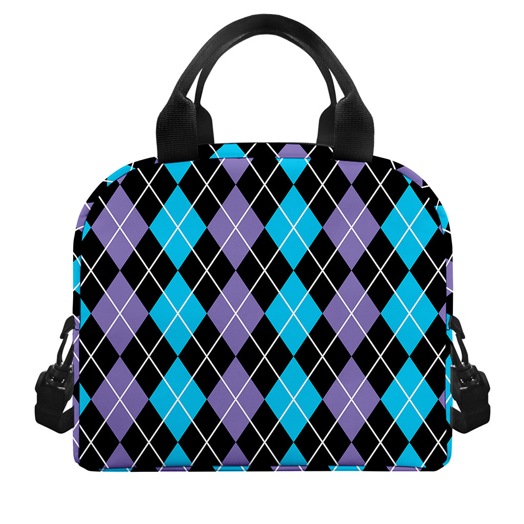 Black Purple And Blue Argyle Print Insulated Lunch Bag