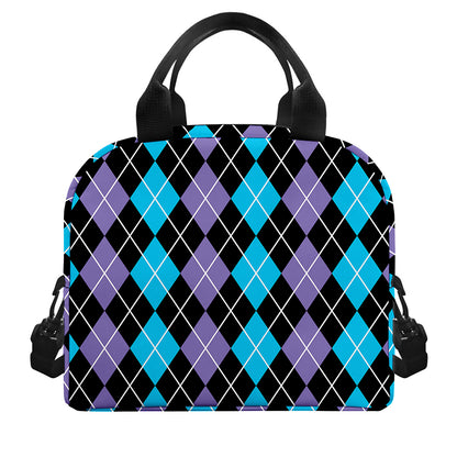 Black Purple And Blue Argyle Print Insulated Lunch Bag
