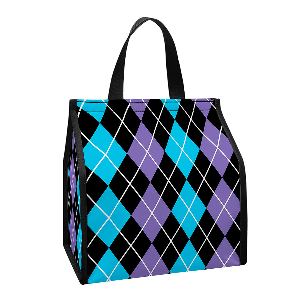 Black Purple And Blue Argyle Print Insulated Lunch Tote