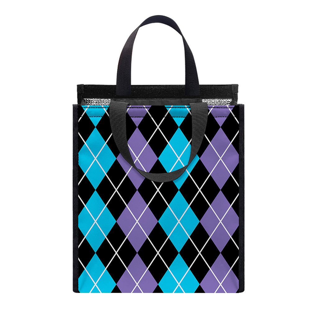 Black Purple And Blue Argyle Print Insulated Lunch Tote