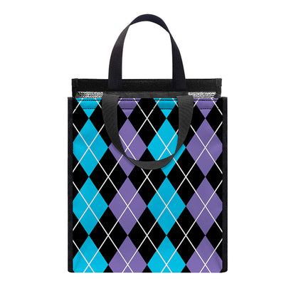 Black Purple And Blue Argyle Print Insulated Lunch Tote
