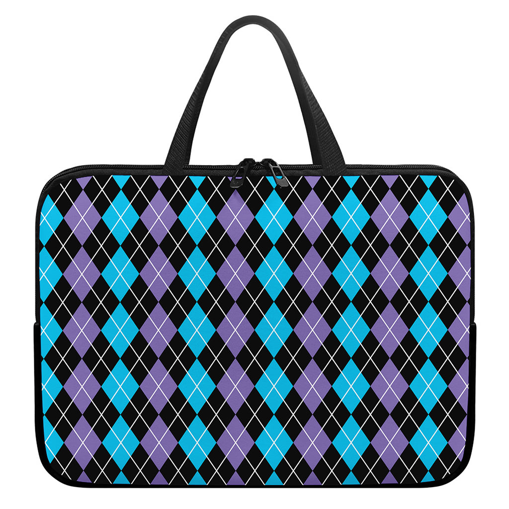 Black Purple And Blue Argyle Print Laptop Sleeve With Handle