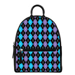Black Purple And Blue Argyle Print Leather Backpack