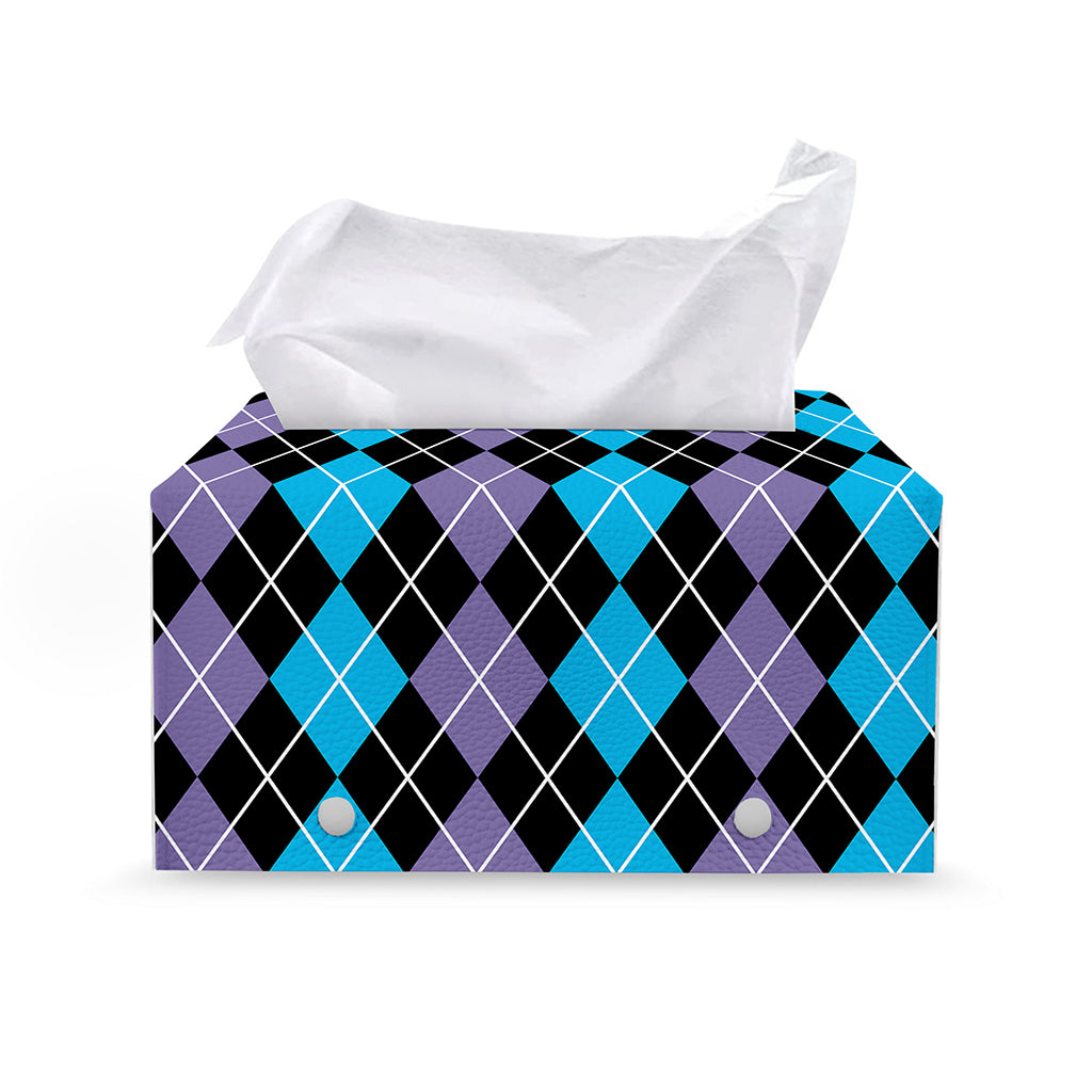 Black Purple And Blue Argyle Print Leather Tissue Box Cover