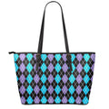 Black Purple And Blue Argyle Print Leather Tote Bag With Zipper