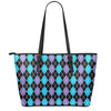 Black Purple And Blue Argyle Print Leather Tote Bag