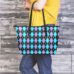 Black Purple And Blue Argyle Print Leather Tote Bag