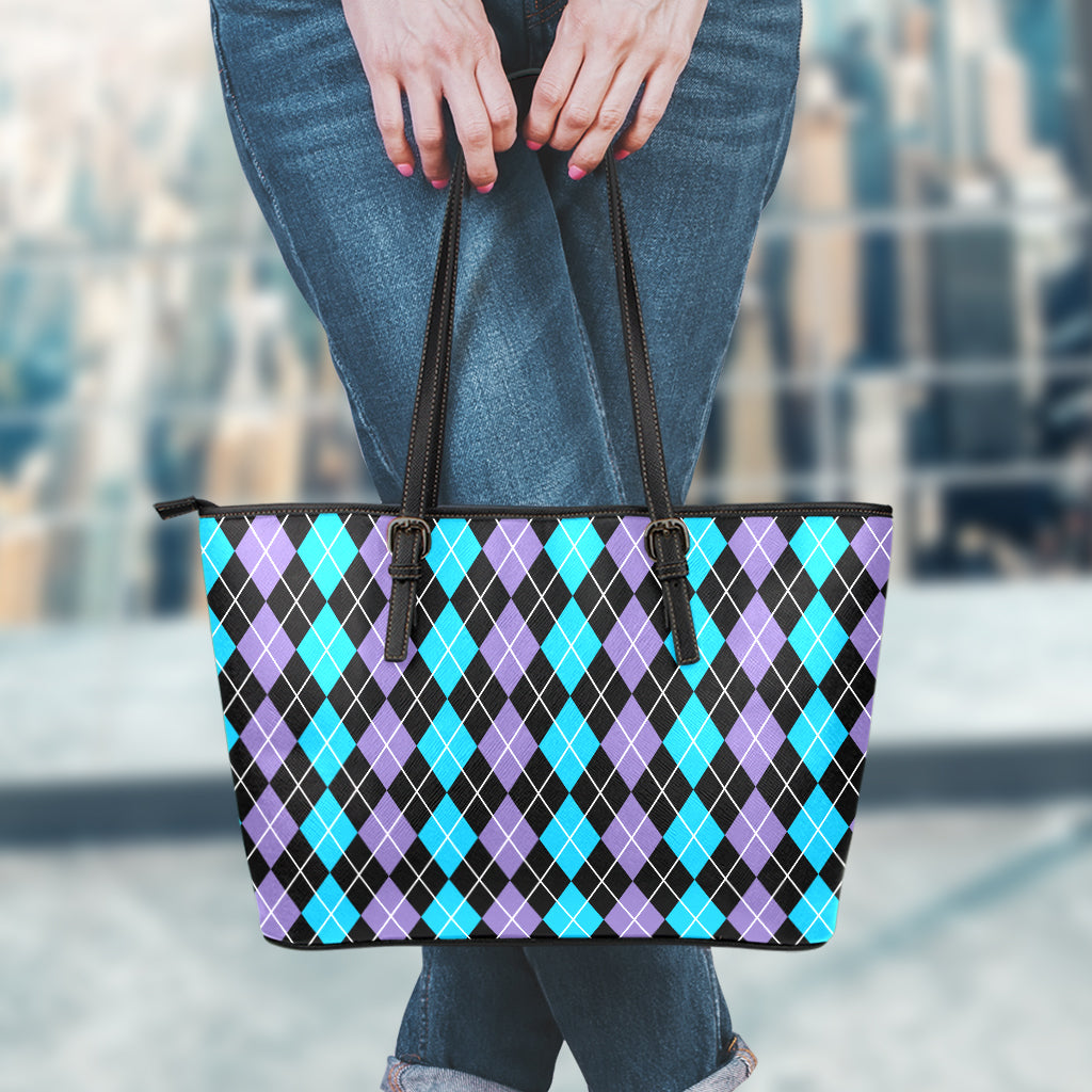 Black Purple And Blue Argyle Print Leather Tote Bag