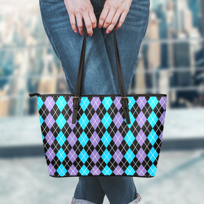 Black Purple And Blue Argyle Print Leather Tote Bag