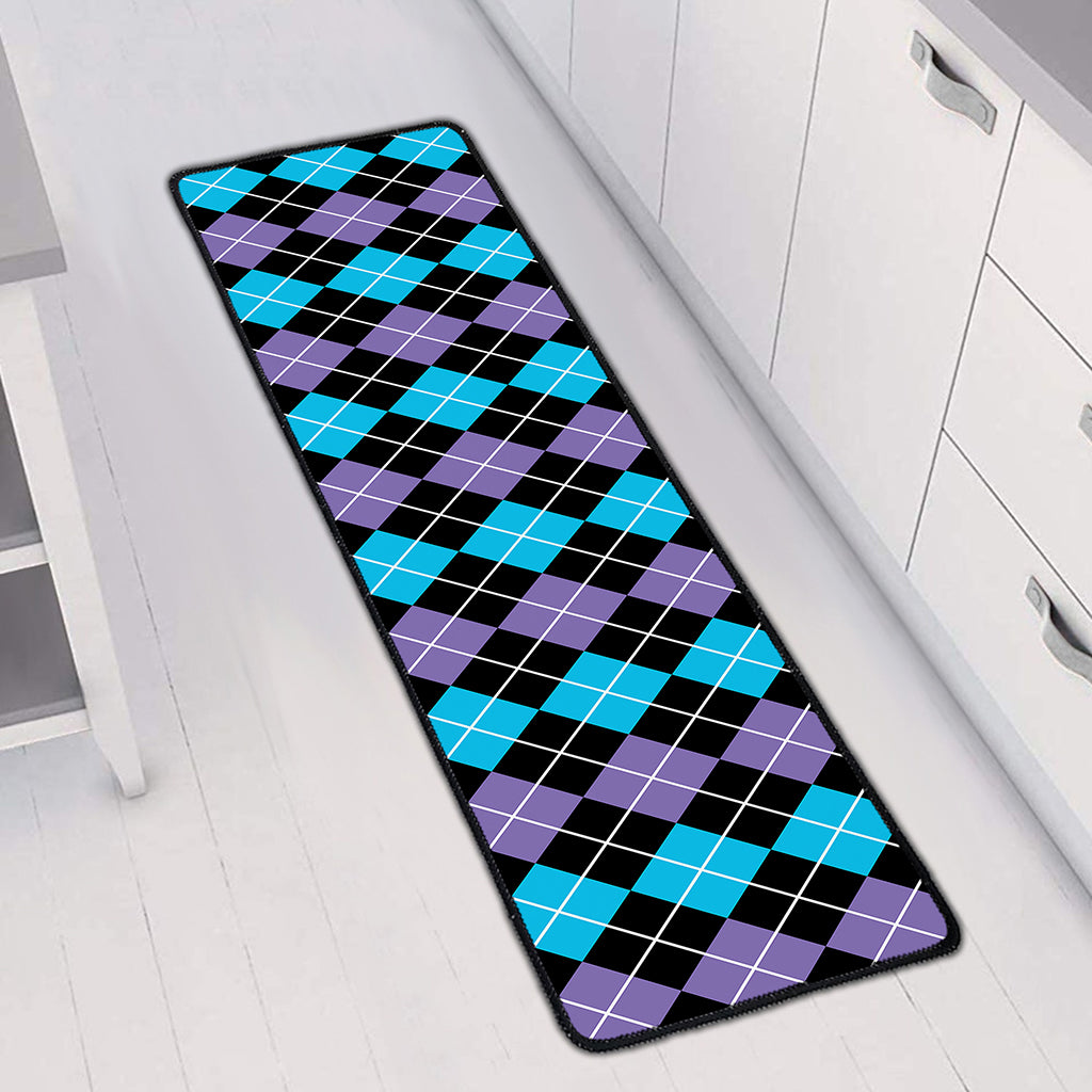 Black Purple And Blue Argyle Print Long Kitchen Mat