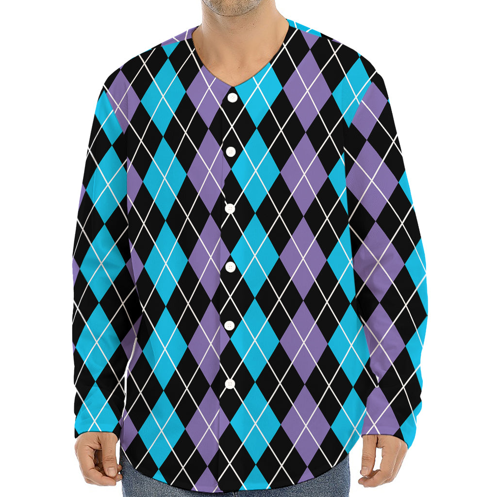 Black Purple And Blue Argyle Print Long Sleeve Baseball Jersey