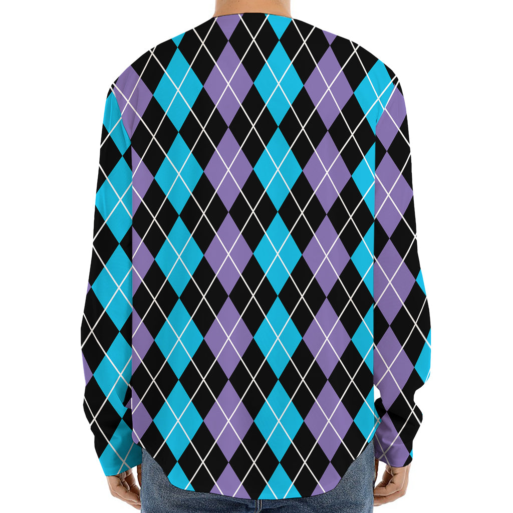 Black Purple And Blue Argyle Print Long Sleeve Baseball Jersey