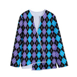 Black Purple And Blue Argyle Print Long Sleeve Short Coat