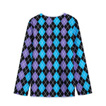 Black Purple And Blue Argyle Print Long Sleeve Short Coat