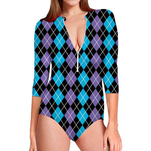 Black Purple And Blue Argyle Print Long Sleeve Swimsuit