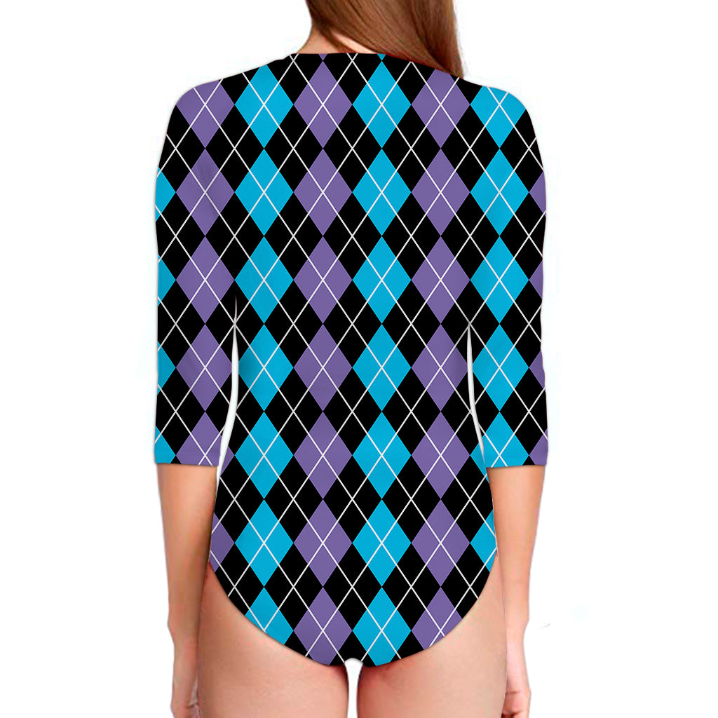 Black Purple And Blue Argyle Print Long Sleeve Swimsuit