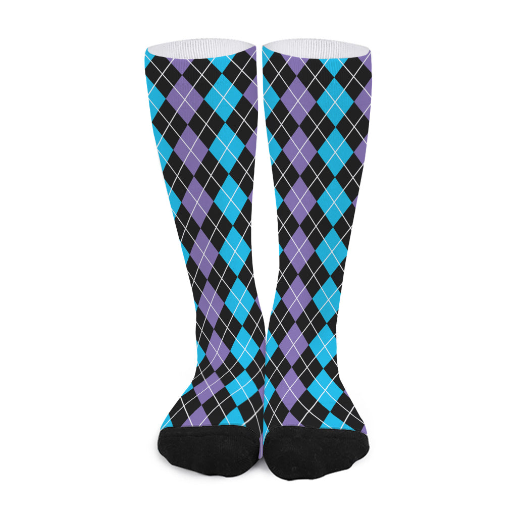 Black Purple And Blue Argyle Print Long Socks