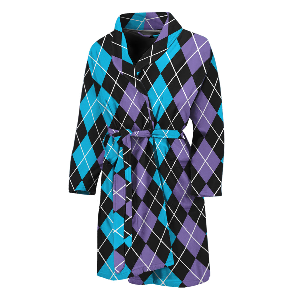 Black Purple And Blue Argyle Print Men's Bathrobe