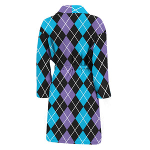 Black Purple And Blue Argyle Print Men's Bathrobe