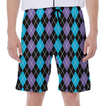 Black Purple And Blue Argyle Print Men's Beach Shorts
