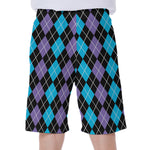 Black Purple And Blue Argyle Print Men's Beach Shorts